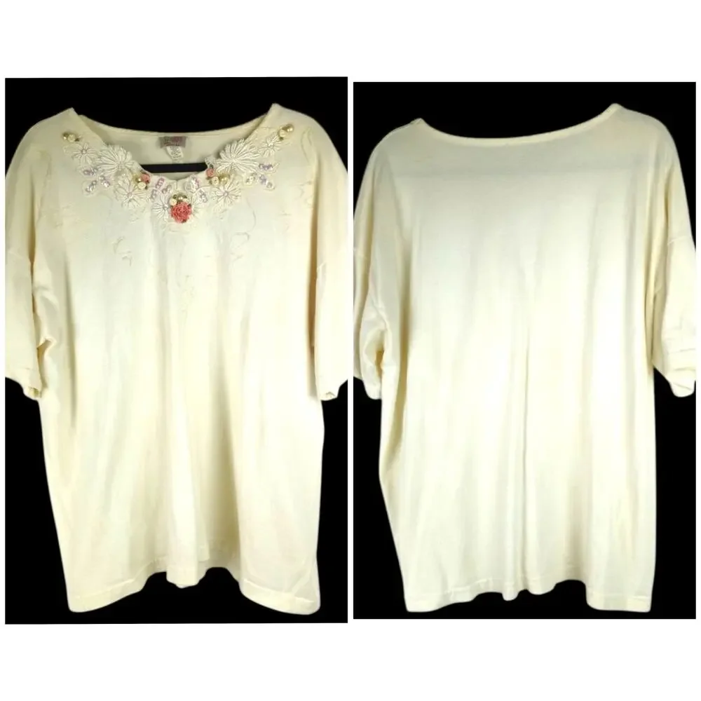 VINTAGE 90s Ecru Tee Embellished Lace Pearls Ribbon Roses XL Fairy Cottage Y2K - Picture 3 of 6